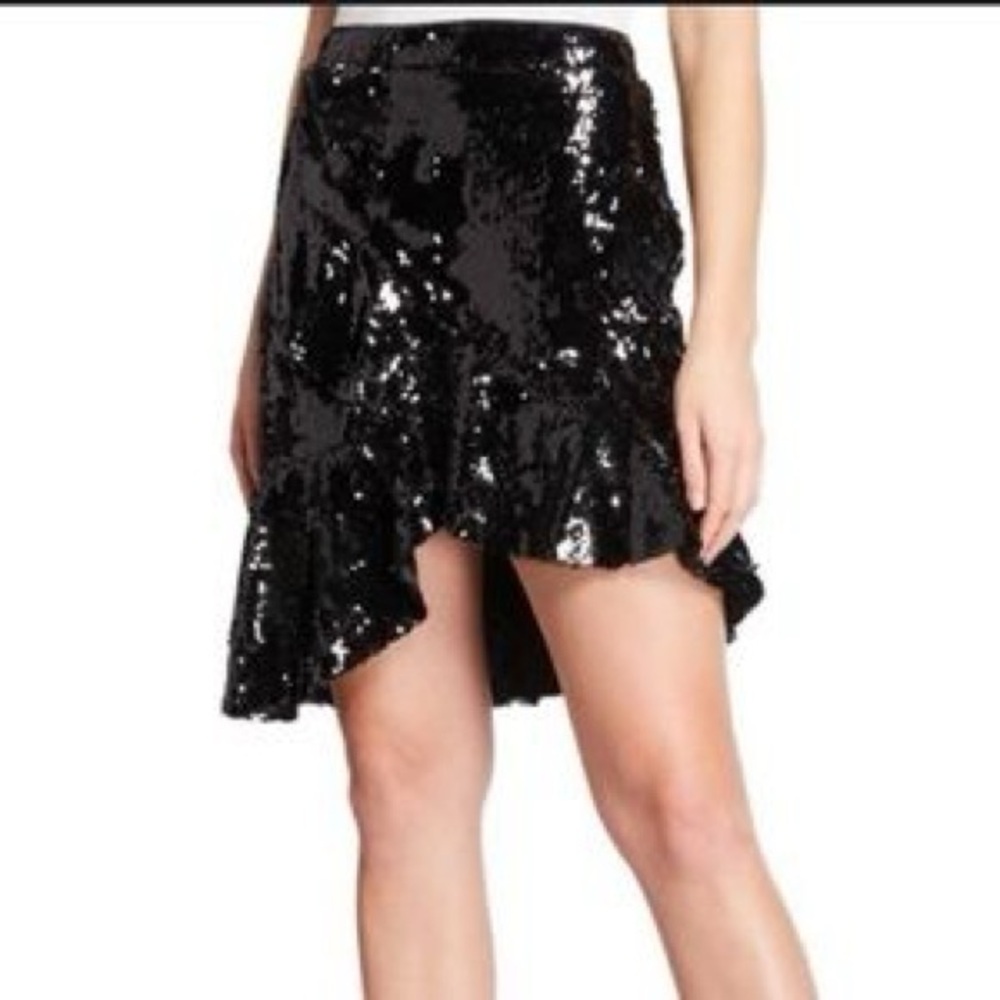 Bardot Black Sequin Mini Skirt with ruffle asymmetric hem size 6